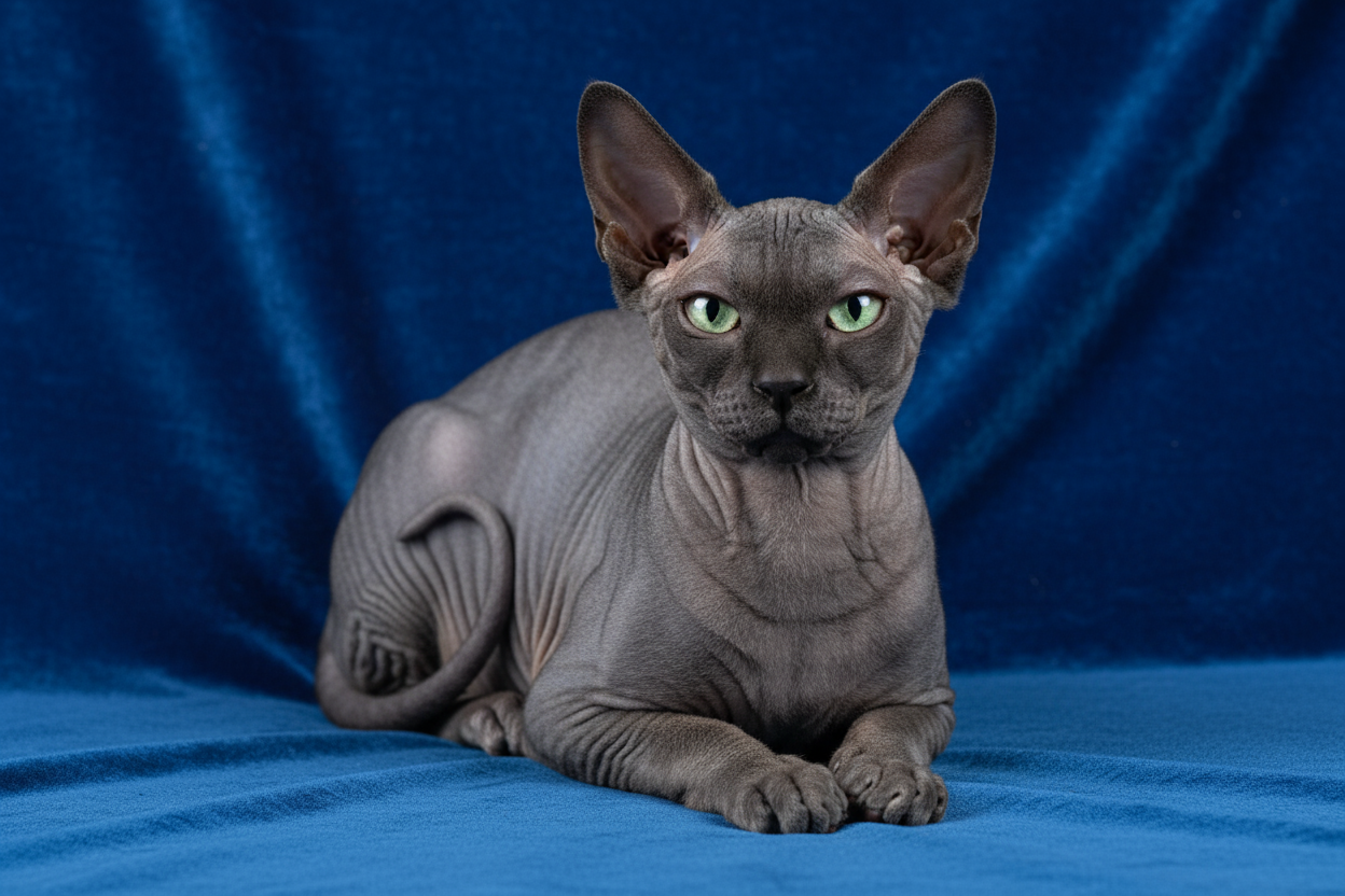 Gato egipcio sin pelo Sphynx de piel gris oscura y ojos verdes brillantes tumbado sobre fondo azul intenso.