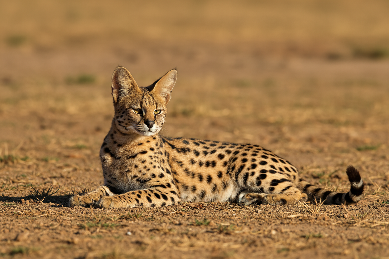 Gato serval de Topcats descansando al sol en España Gato serval de Topcats descansando bajo el sol sobre tierra seca, con pelaje dorado y manchas negras. Imagen que muestra la elegancia y el comportamiento tranquilo del gato serval en su hábitat.