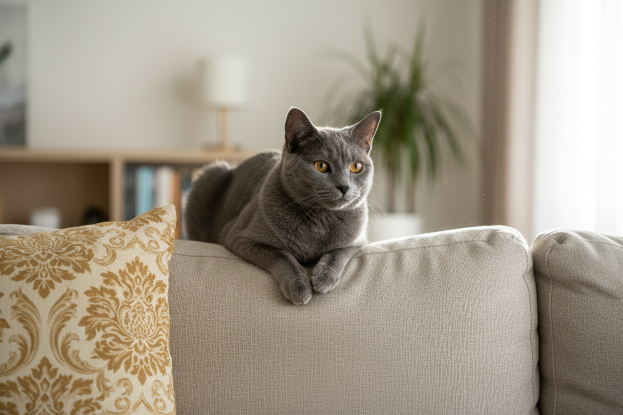 Gato gris de raza cartujo (Chartreux) con pelo corto y ojos amarillos intensos descansando sobre un sofá claro junto a un cojín dorado. Imagen real utilizada por Topcats para ilustrar razas de gato gris con mucho y poco pelo. Descubre más sobre el gato gris cartujo y otras razas en la web de Topcats.