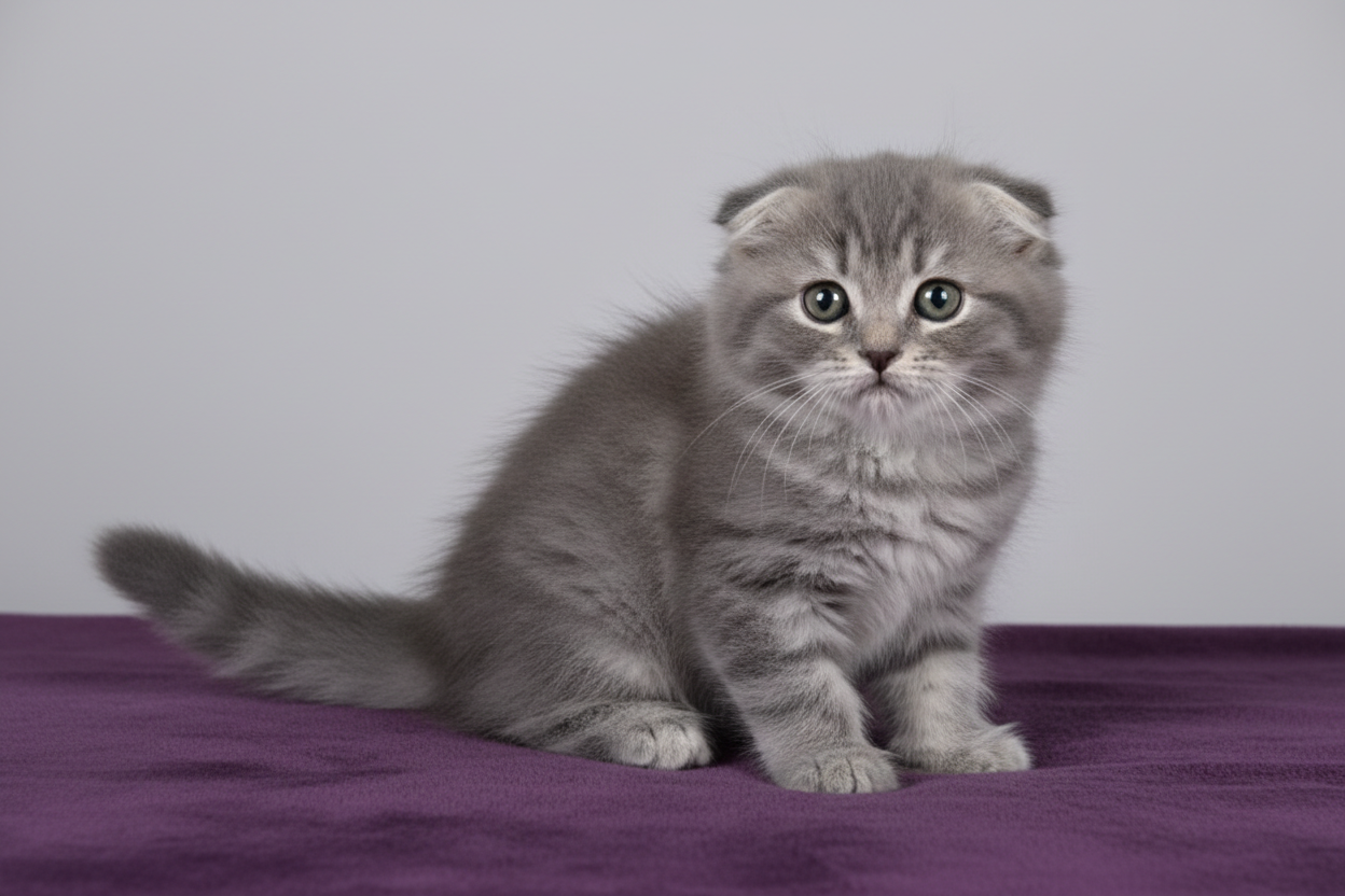 Cachorro de gato gris de raza Scottish Fold de pelo largo, con orejas pequeñas y dobladas hacia adelante, ojos grandes y redondos, y pelaje esponjoso gris con tonos plateados. Imagen real utilizada por Topcats para ilustrar razas de gato gris con mucho y poco pelo. Descubre más sobre el gato gris Scottish Fold y otras razas en Topcats.