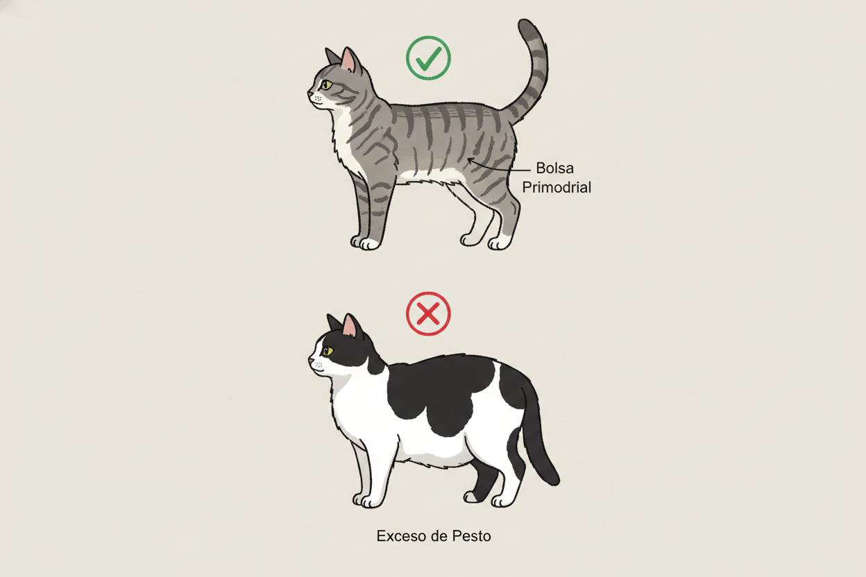 Guía Topcats para identificar si las razas de gato gordo tienen bolsa primordial o exceso de peso Imagen comparativa usada en Topcats para explicar si ciertas razas de gato gordo muestran una bolsa primordial normal o si realmente presentan exceso de peso; se ven dos ilustraciones de gatos, una marcada como correcta y otra incorrecta, y esta guía ayuda a diferenciar obesidad real de genética natural; si quieres aprender más sobre razas de gato gordo y descubrir cómo evitar el sobrepeso, entra en Topcats para ver el artículo completo.