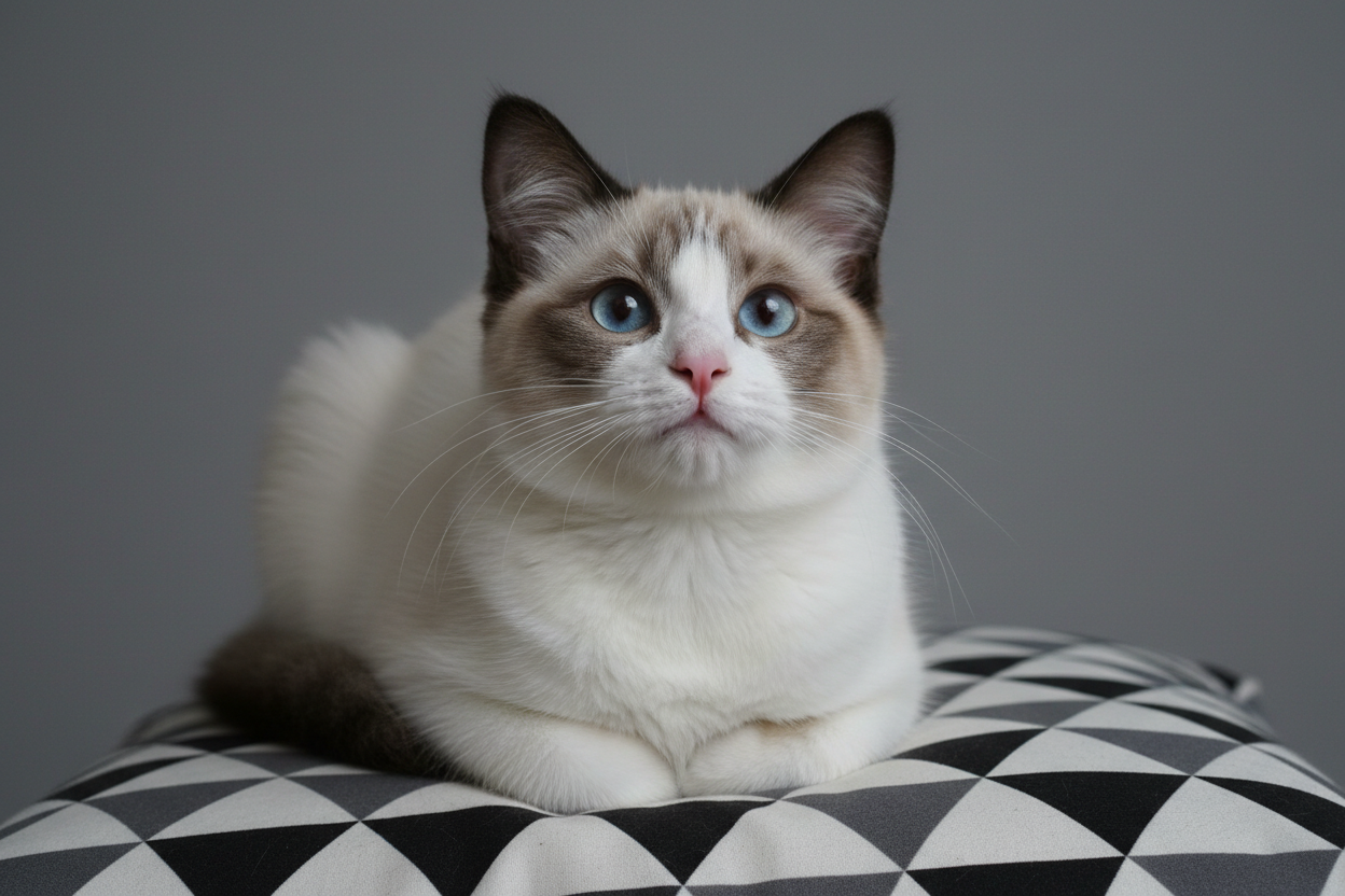 Gato ragdoll Topcats de pelaje bicolor con ojos azules Gato ragdoll Topcats descansando sobre un cojín, con ojos azules intensos y pelaje bicolor esponjoso