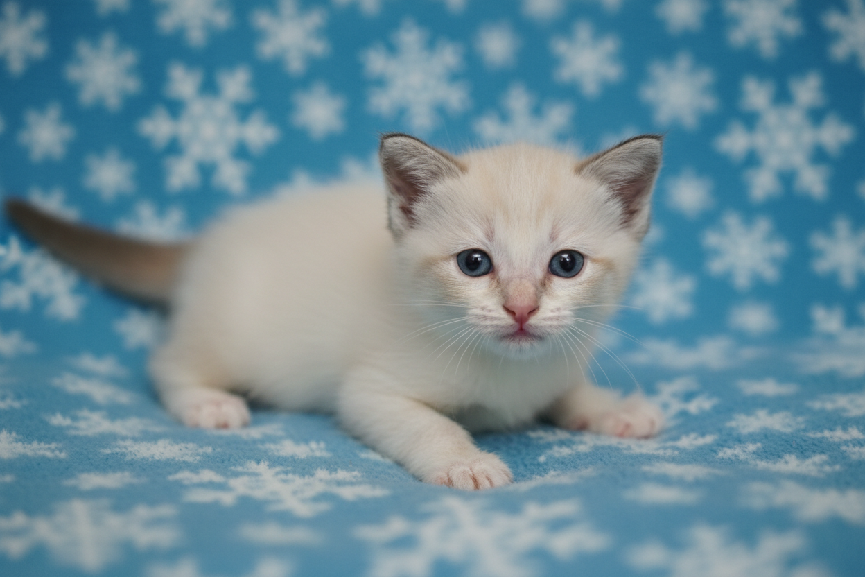 Gato ragdoll Topcats bebé sobre manta azul Cachorro de gato ragdoll Topcats tumbado sobre una manta azul con copos de nieve, mostrando ojos oscuros y expresión curiosa.