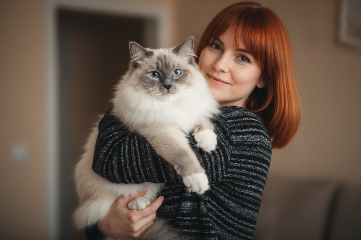 Gato ragdoll Topcats en brazos, con pelaje claro y expresión calmada Persona sujetando a un gato ragdoll Topcats de pelo largo y color claro, mostrando su expresión tranquila y su manto esponjoso