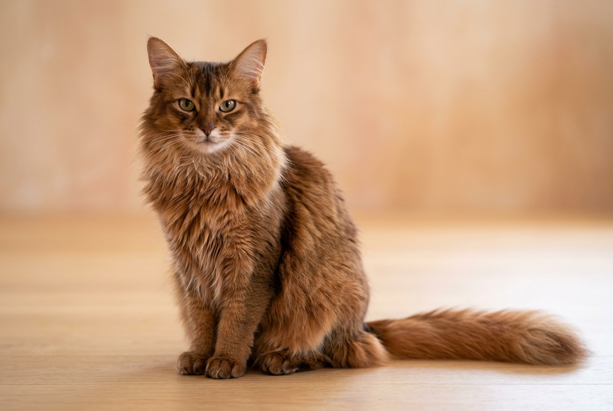 Gatos peludos Topcats de pelo largo y tonos rojizos Gato de pelo largo y tonos rojizos sentado sobre un fondo claro, con una cola muy poblada y expresión tranquila; una imagen ideal para descubrir en Topcats más sobre gatos peludos y razas de gatos bonitas.