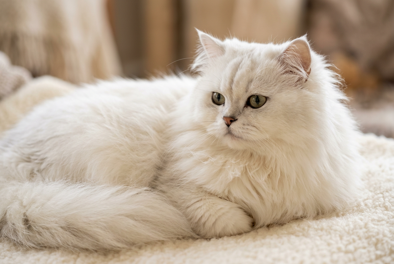 Gatos peludos Topcats: gato persa blanco de pelo largo Gato persa blanco de pelo largo y abundante, tumbado con expresión tranquila y ojos verdosos, una imagen representativa de los gatos peludos que puedes conocer mejor en Topcats.