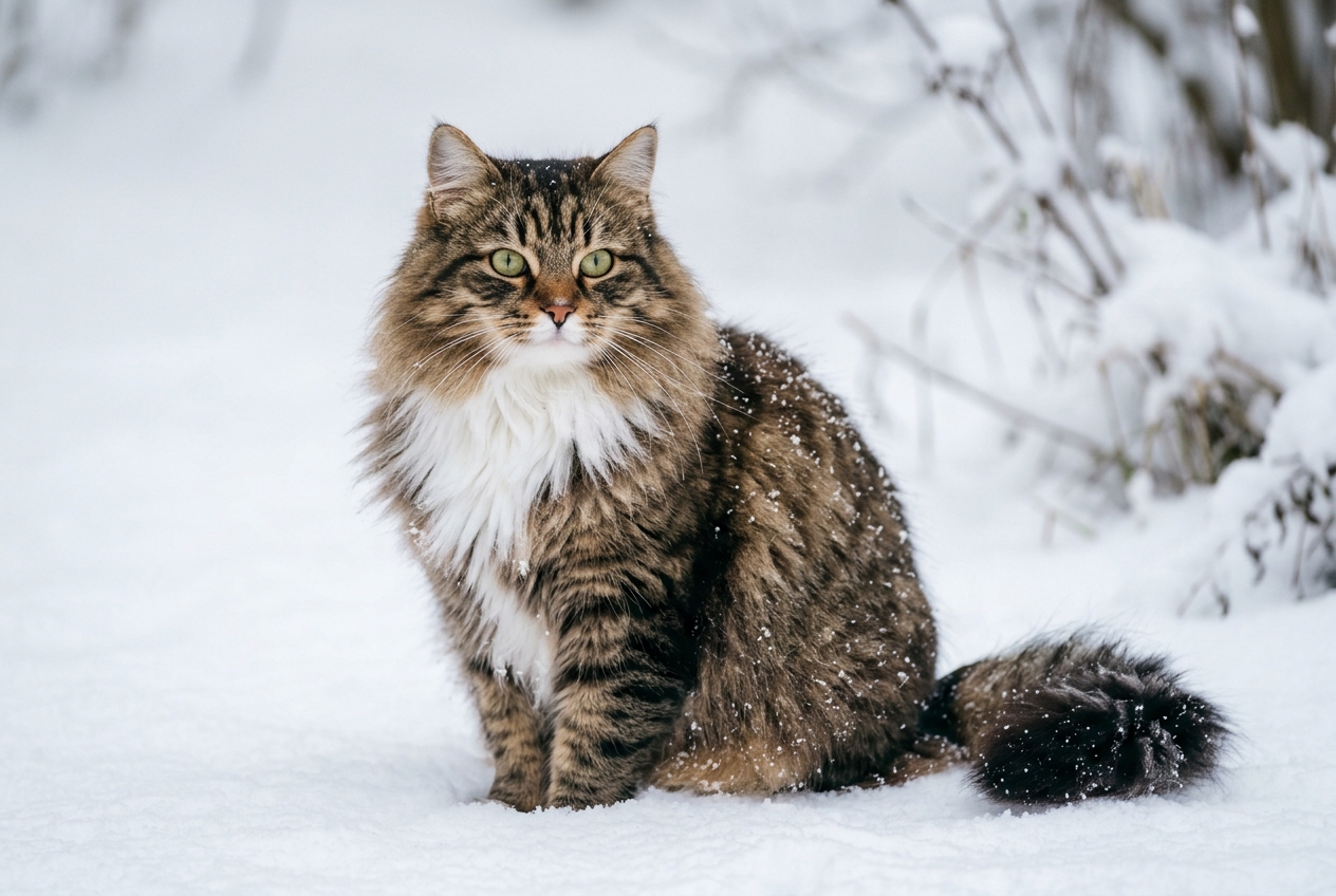 Gatos peludos Topcats: gato siberiano de pelo largo en la nieve Gato siberiano de pelo largo y abundante, con manto marrón atigrado, pecho blanco y ojos verdes, sentado sobre la nieve; una imagen muy representativa de los gatos peludos que puedes descubrir en Topcats.