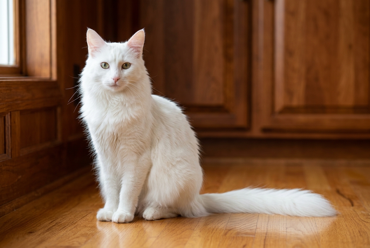 Gatos peludos Topcats: angora turco blanco de pelo largo Angora turco blanco de pelo largo y sedoso, sentado sobre un suelo de madera frente a un fondo de paneles oscuros, con cola muy poblada y expresión atenta; una imagen muy representativa de los gatos peludos de Topcats.