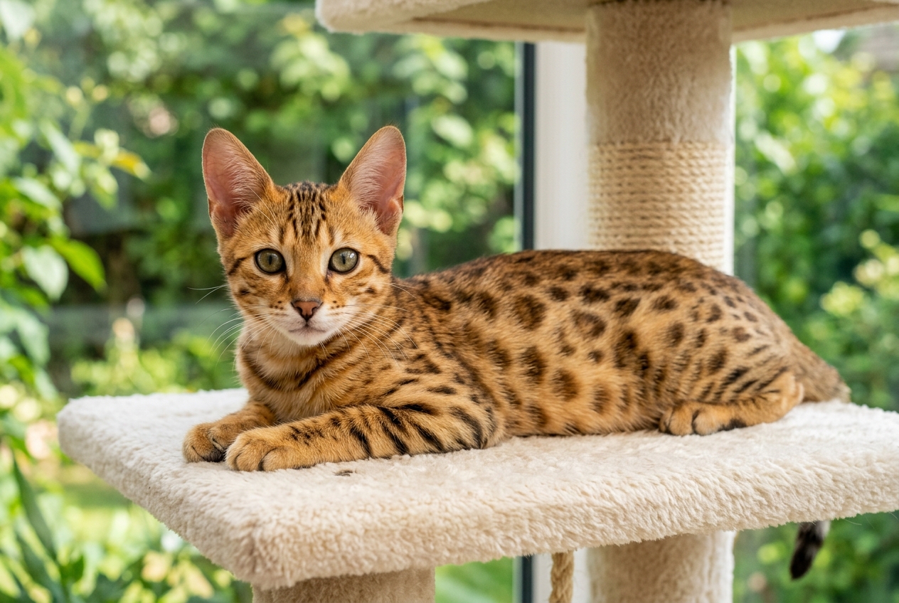 Gato savannah Topcats joven descansando en un rascador Cachorro de gato savannah Topcats tumbado en una plataforma de rascador, con pelaje moteado, orejas grandes y mirada atenta