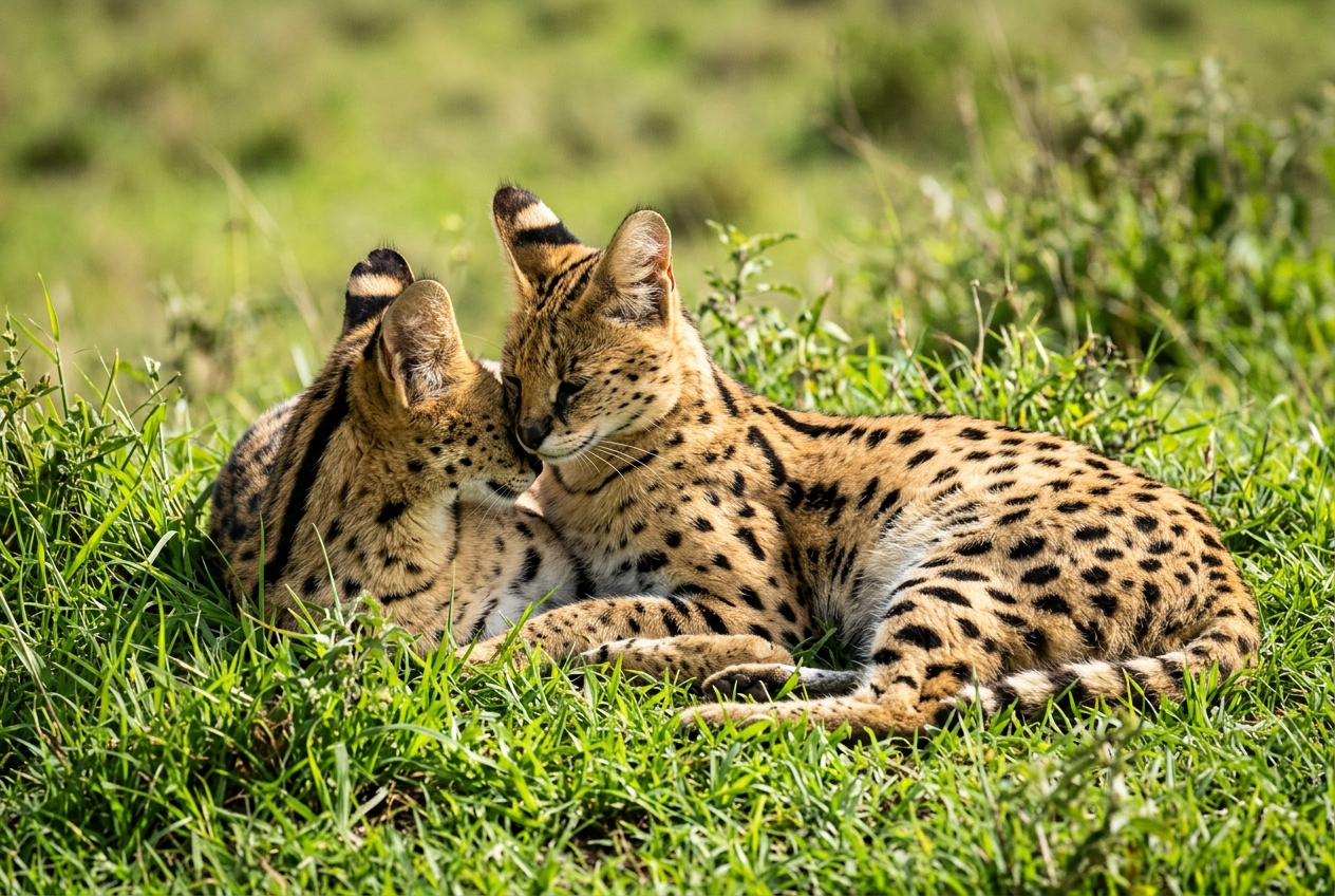 Servales relacionados con el origen del gato savannah Topcats Dos servales moteados descansando sobre la hierba, felinos salvajes relacionados con el origen del gato savannah