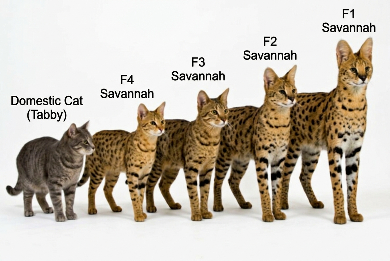 Generaciones del gato savannah Topcats comparadas por tamaño Comparativa visual de generaciones de gato savannah Topcats, desde un gato doméstico hasta ejemplares F4, F3, F2 y F1 de mayor tamaño