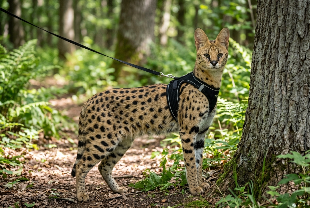 Gato savannah Topcats con arnés en entorno natural Felino moteado tipo serval o gato savannah Topcats con arnés junto a un árbol en un entorno verde