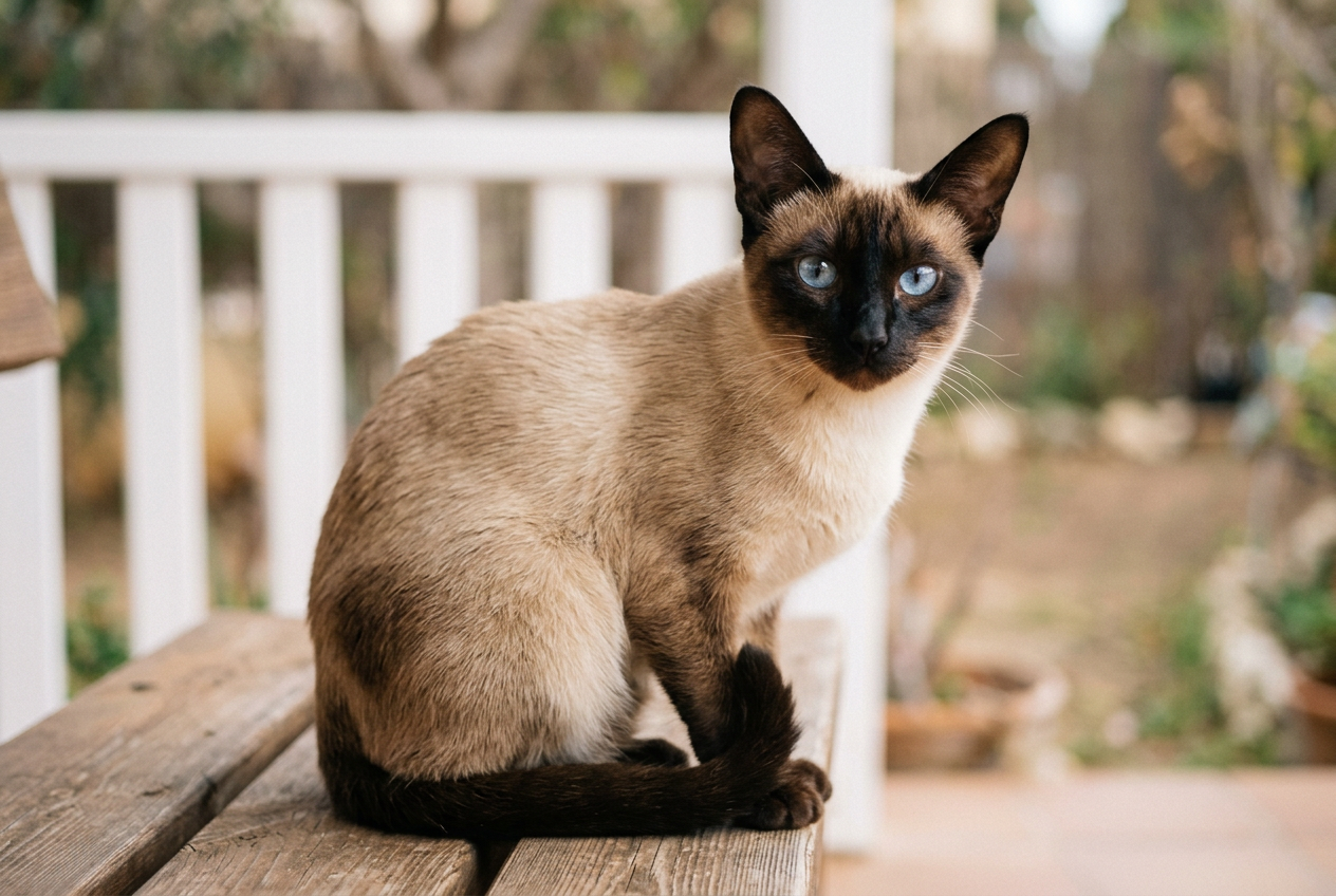 Gato siamés entre las razas de gatos más comunes en España | Topcats Gato siamés de cuerpo claro y rostro oscuro sentado sobre una mesa de madera, imagen para Topcats sobre razas de gatos comunes en España; descubre qué razas de gatos se adaptan mejor a tu hogar.