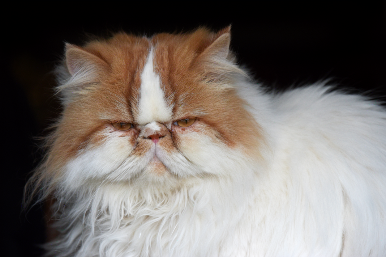 Gato persa bicolor de pelo largo, con rostro achatado, ojos ámbar y pelaje blanco y anaranjado sobre fondo oscuro, imagen de Topcats.