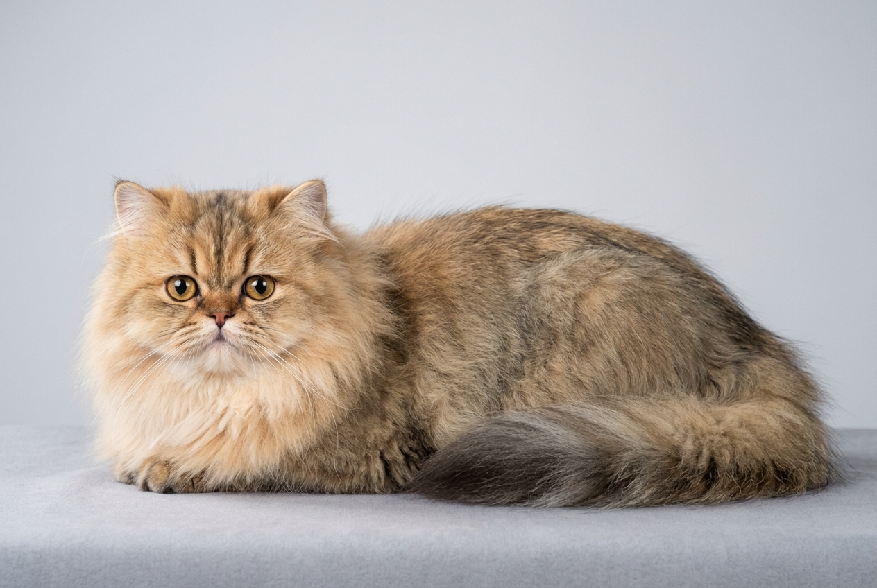 Gato persa de pelo largo y manto dorado sombreado, visto de perfil sobre fondo gris, con rostro achatado, ojos grandes y expresión atenta para Topcats.