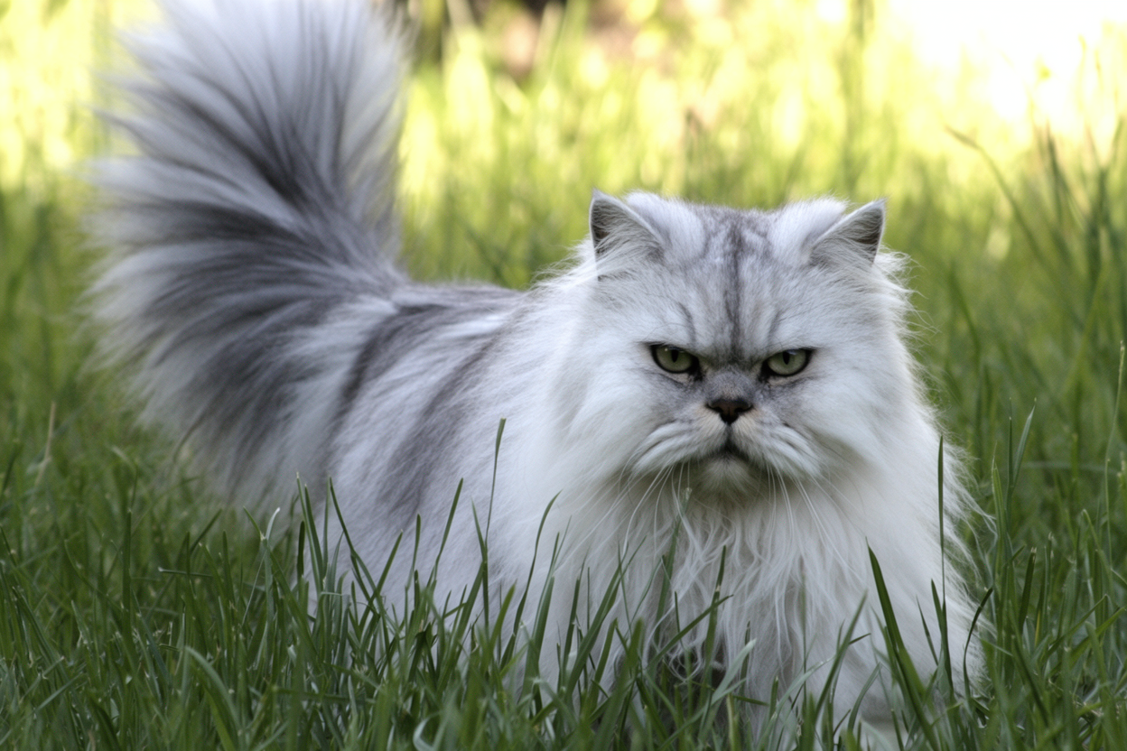 Gato persa gris plateado de pelo largo caminando sobre hierba, con cola levantada, ojos verdes y expresión tranquila en una imagen de Topcats.