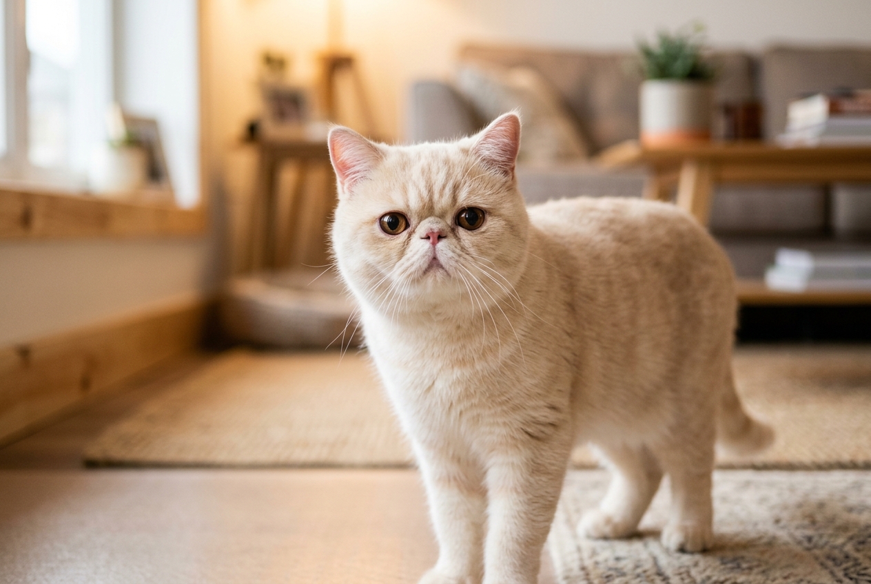 Gato de aspecto similar al gato persa, con pelo corto color crema, rostro achatado, ojos grandes y expresión tranquila en interior.