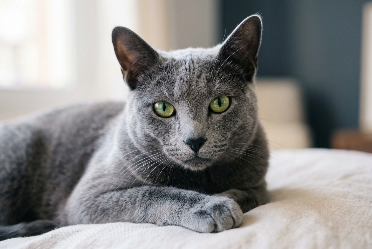 Gato azul ruso de pelo gris azulado y ojos verdes, tumbado sobre una superficie clara y mirando de frente con expresión tranquila.
