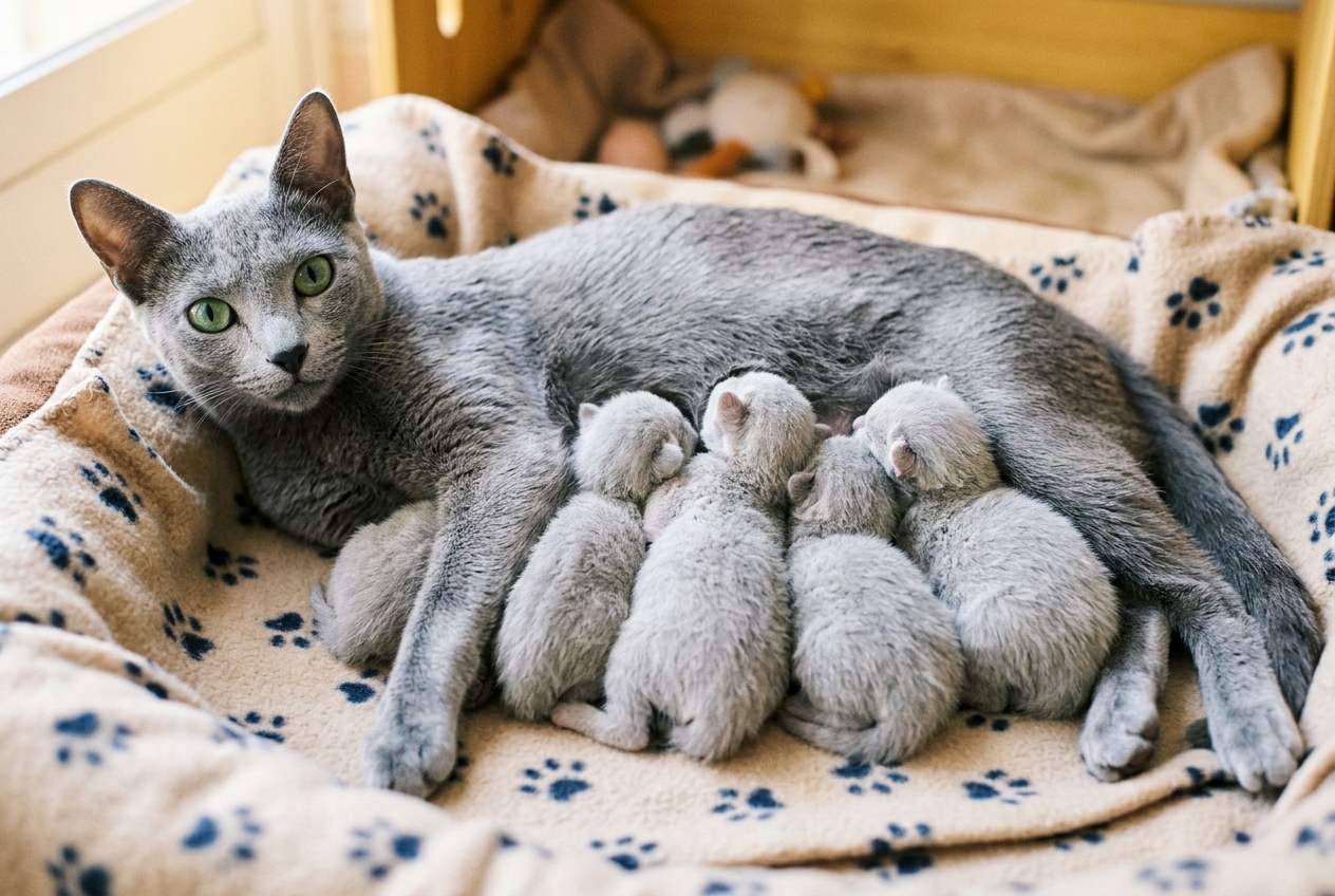Gato azul ruso adulto con ojos verdes tumbado junto a varios cachorros recién nacidos que maman sobre una manta.