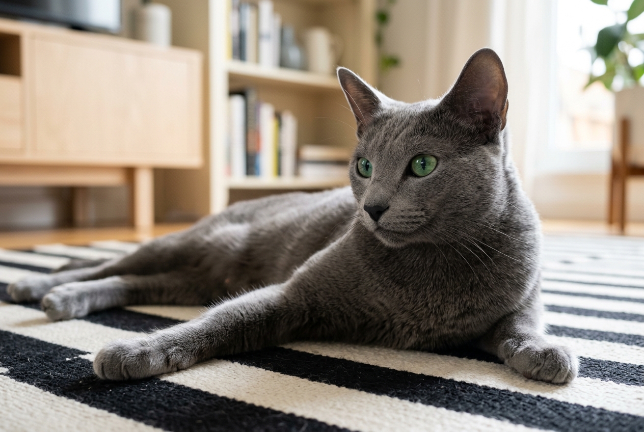 Gato azul ruso de pelo gris azulado y ojos verdes tumbado sobre una alfombra de rayas blancas y negras, con postura relajada y mirada atenta.