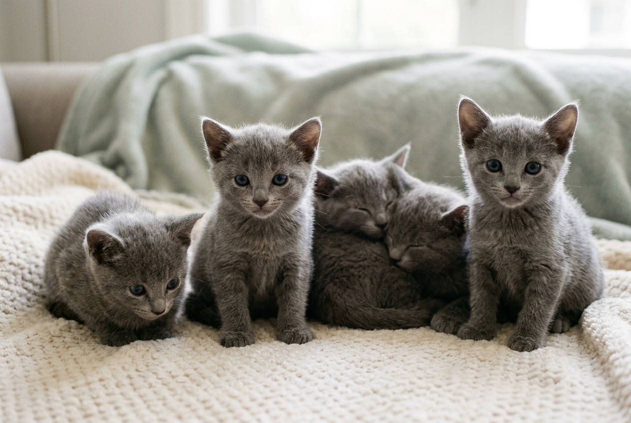 Cinco cachorros de gato azul ruso de pelo gris azulado sentados sobre una manta clara, mirando en distintas direcciones en un entorno tranquilo.