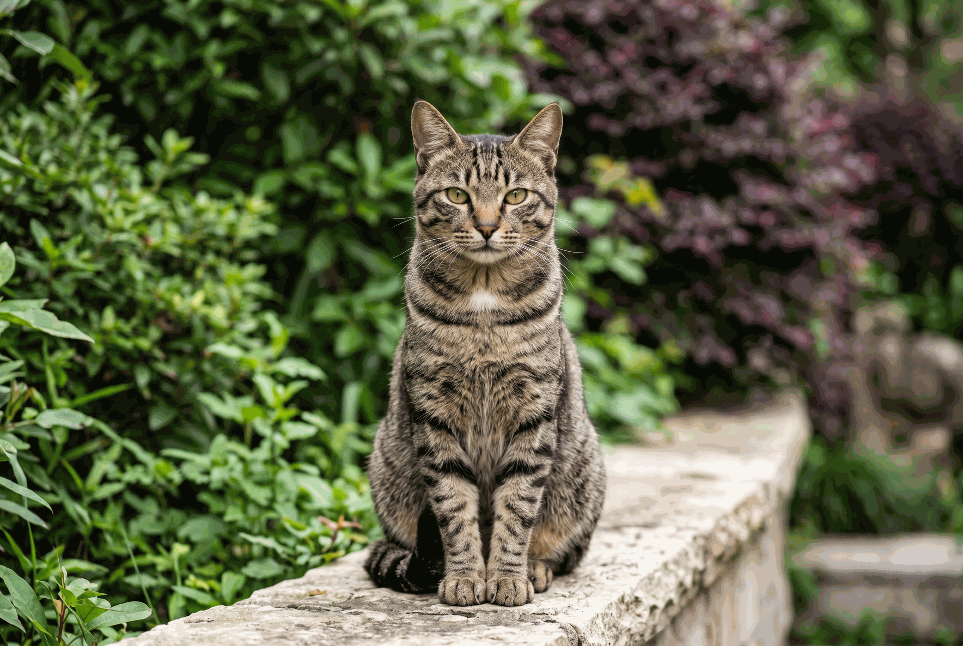 Gato chino Dragon Li en exterior | Topcats Gato chino Dragon Li o Li Hua Mao de pelaje atigrado marrón, sentado sobre una superficie clara y mirando al frente entre vegetación verde desenfocada.