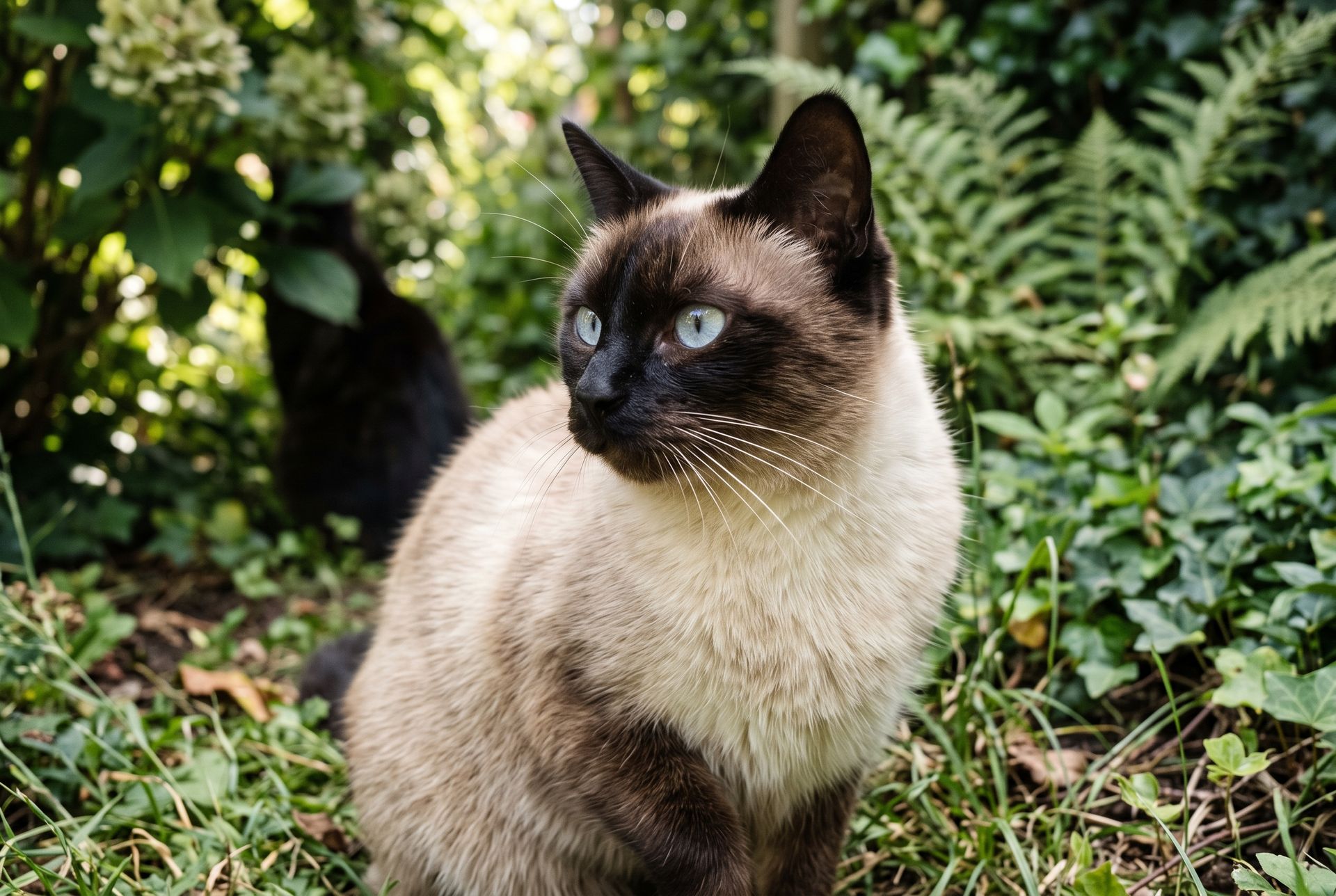 Gato siamés oriental y gato chino | Topcats Gato siamés de pelaje colorpoint crema y marrón oscuro, relacionado con las razas orientales aunque no sea un gato chino, mirando hacia un lado en un entorno de jardín.
