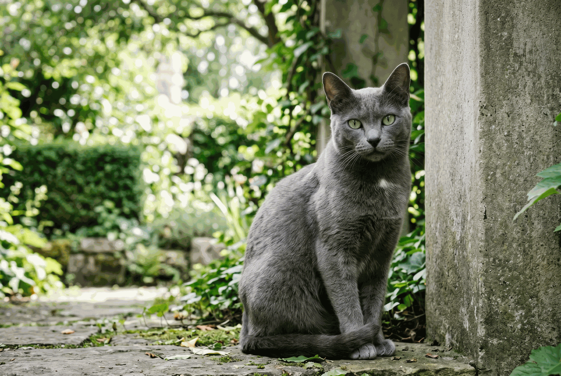 Gato Korat asiático y gato chino | Topcats Gato Korat de pelaje gris azulado y ojos verdes, sentado en exterior junto a una pared, usado para comparar razas asiáticas con el gato chino.
