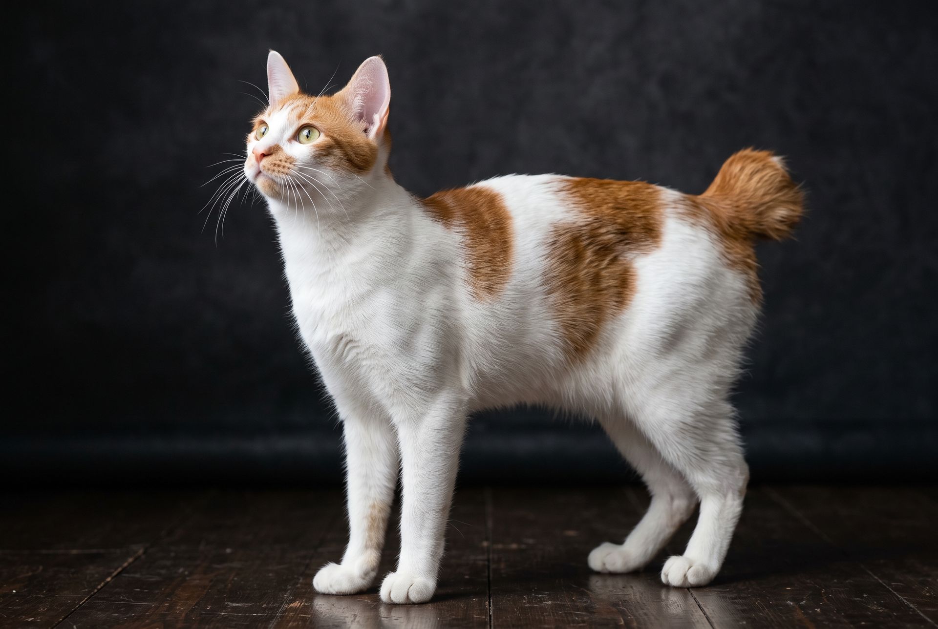 Gato Bobtail japonés y gato chino | Topcats Gato Bobtail japonés blanco y naranja, de cola corta y curvada, mirando hacia arriba, usado para comparar razas orientales con el gato chino.