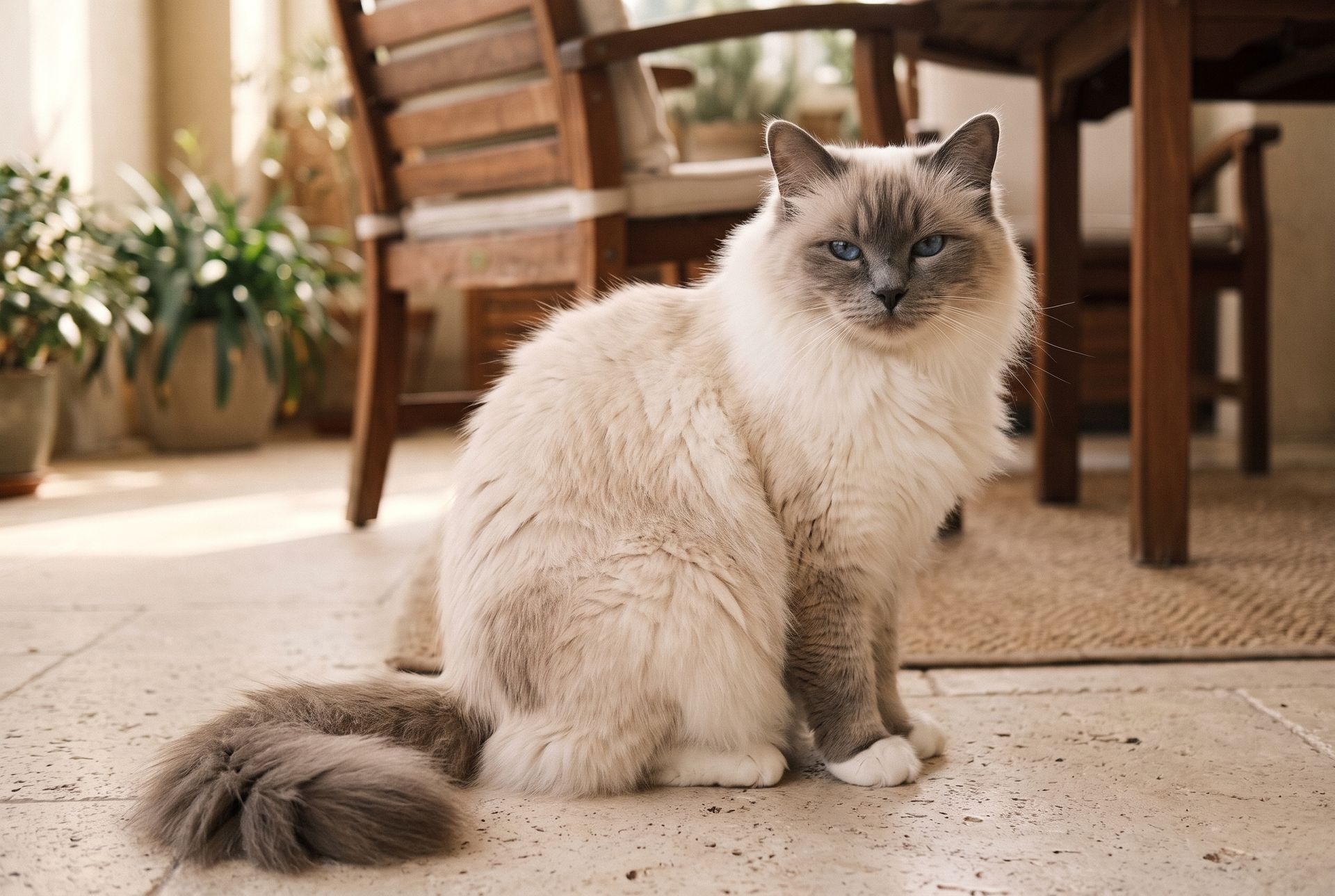 Gato chino, Sagrado de Birmania y Burmés | Topcats Gato chino comparado con un Sagrado de Birmania de pelaje claro, máscara grisácea, ojos azules y pelo semilargo, sentado en una terraza junto a muebles de madera.