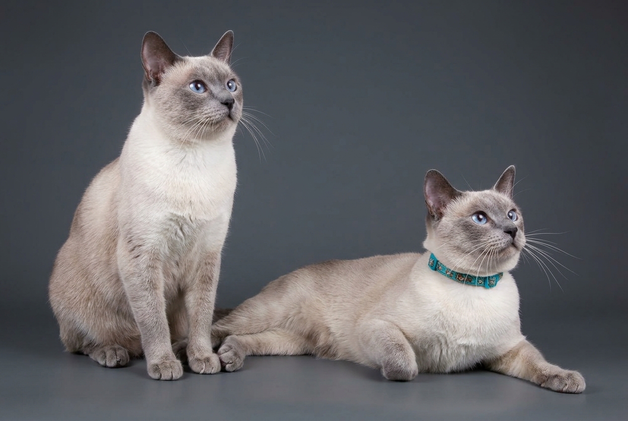 Gatos siameses blue point de cabeza redondeada Dos gatos siameses de tipo tradicional y variedad blue point, con los puntos en gris azulado sobre el cuerpo crema y los ojos azules, sobre fondo gris de estudio.