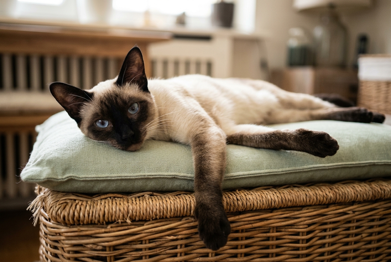 Gato siames descansando en un rincon calido de casa Gato siames seal point adulto, tumbado y relajado sobre un cojin verde encima de una cesta de mimbre, en el interior calido de una vivienda.