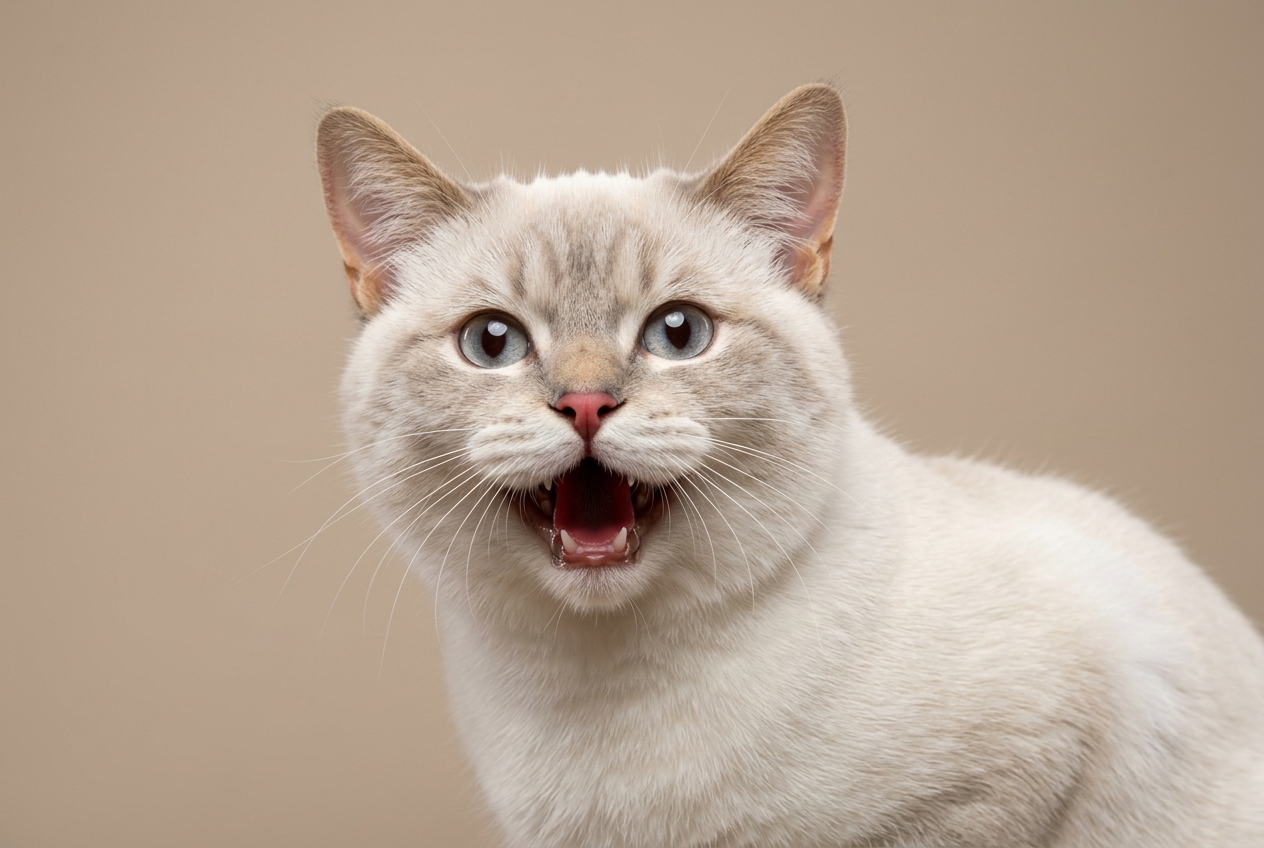 Gato siames maullando, la raza mas vocal Gato siames lynx point con la boca abierta maullando, orejas grandes, ojos azules y nariz rosada, sobre fondo beige liso.