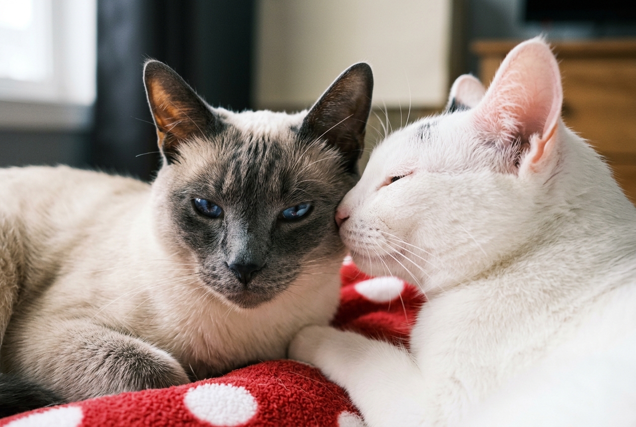 Gato siames acompanado de otro gato en casa Un gato siames seal point descansando junto a un gato blanco que le acaricia el hocico, tumbados sobre una manta roja de lunares en el salon de una casa.