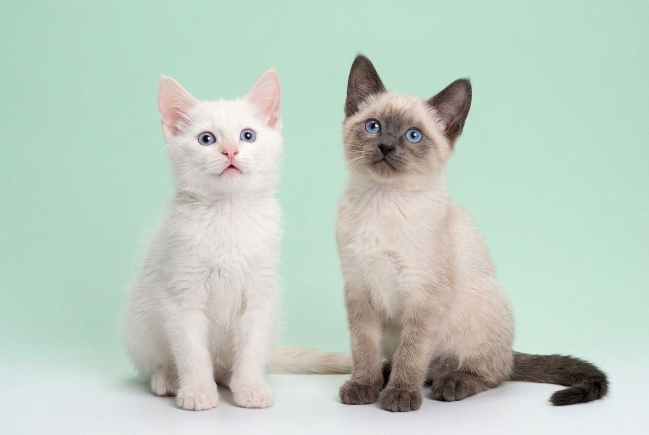 Gatito claro y gatito siames con los puntos ya visibles Dos gatitos sentados sobre fondo verde claro: a la izquierda uno de pelaje blanco con ojos azules y a la derecha un gatito siames con la mascara y las orejas ya oscurecidas.