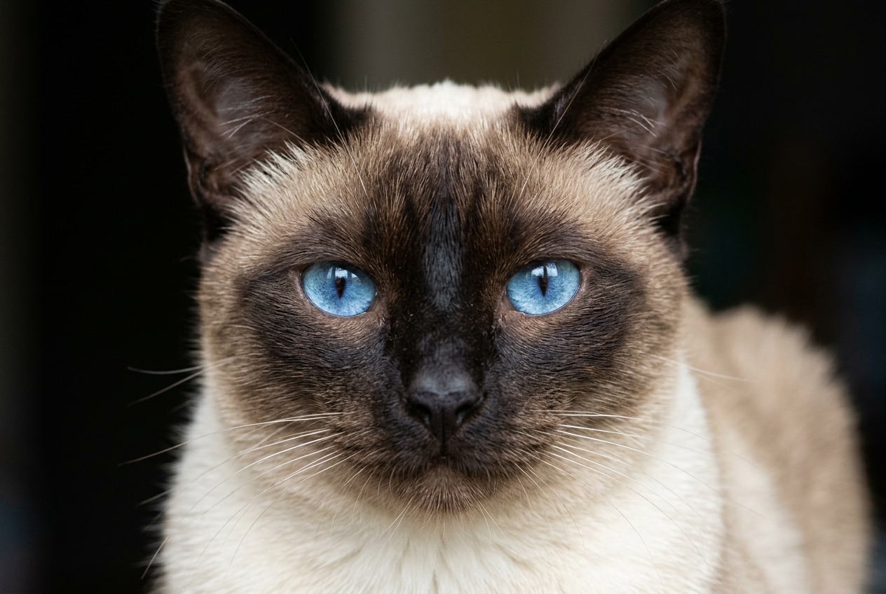 Gato siames seal point de ojos azules Primer plano de un gato siames seal point adulto con la mascara marron oscuro, el hocico negro y unos ojos azules intensos, sobre un fondo verde oscuro desenfocado.