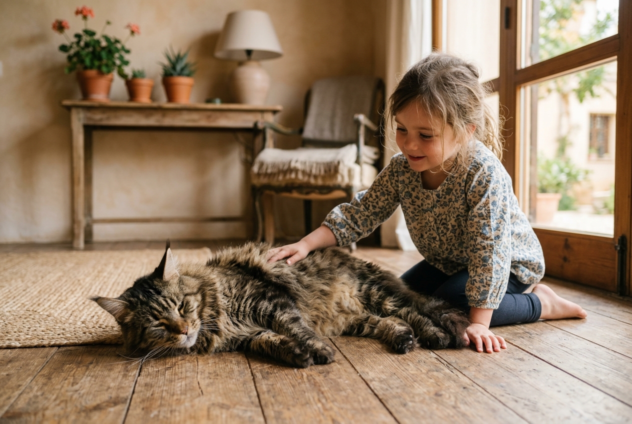 Niña pequeña acariciando con cuidado a un gato Maine Coon tumbado y relajado en el suelo de un salón