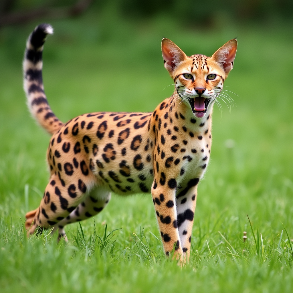Gato Savannah: una raza grande y exótica en Topcats Majestuoso gato de raza grande Savannah con un elegante pelaje moteado, posando sobre un prado verde. Descubre más sobre esta impresionante raza de gatos grandes en Topcats, ¡haz clic aquí para saber más!