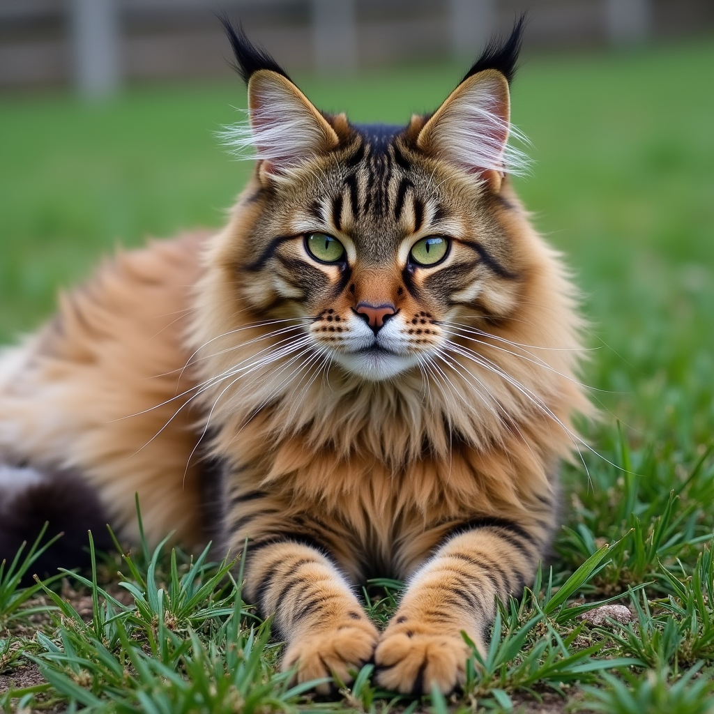 Gato Maine Coon: una raza grande y majestuosa en Topcats Majestuoso gato de raza grande Maine Coon con un pelaje rayado y denso, descansando sobre un césped al aire libre. Descubre más sobre esta impresionante raza de gatos grandes en Topcats, ¡haz clic aquí para saber más!