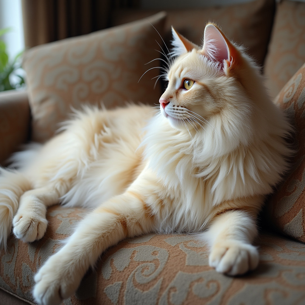 Admira al Gato Maine Coon de Topcats en Tonos Crema Majestuoso gato Maine Coon color crema de Topcats descansando en un sofá, ¡haz clic para descubrir más sobre su impresionante tamaño y características!