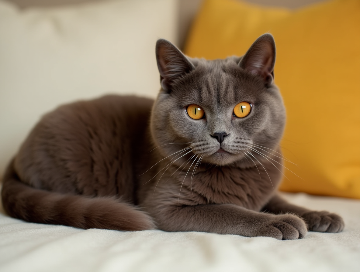 Gato marrón: colores del British Shorthair en Topcats Gato British Shorthair marrón con ojos anaranjados mostrando los colores del British Shorthair en Topcats