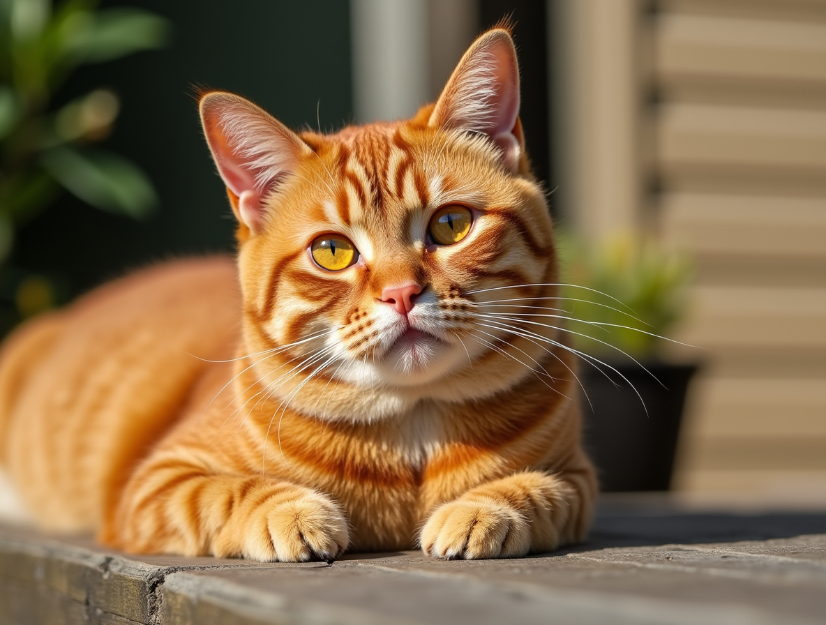 Gato rojo: colores del British Shorthair en Topcats Gato British Shorthair rojo con un pelaje brillante y ojos anaranjados al sol, mostrando los colores del British Shorthair en Topcats.