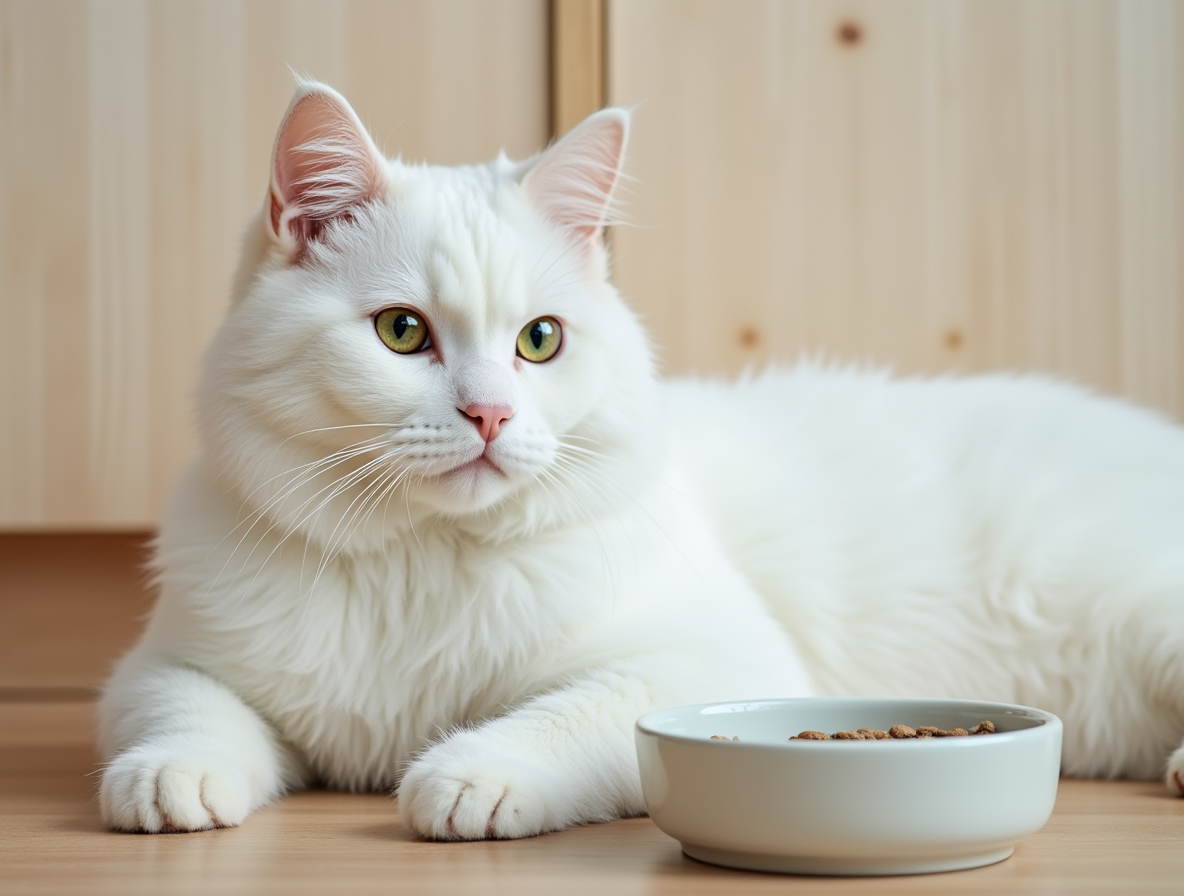 Gato blanco: colores del British Shorthair en Topcats Gato British Shorthair blanco con ojos verdes y una expresión tranquila junto a un cuenco de comida, representando los colores del British Shorthair en Topcats