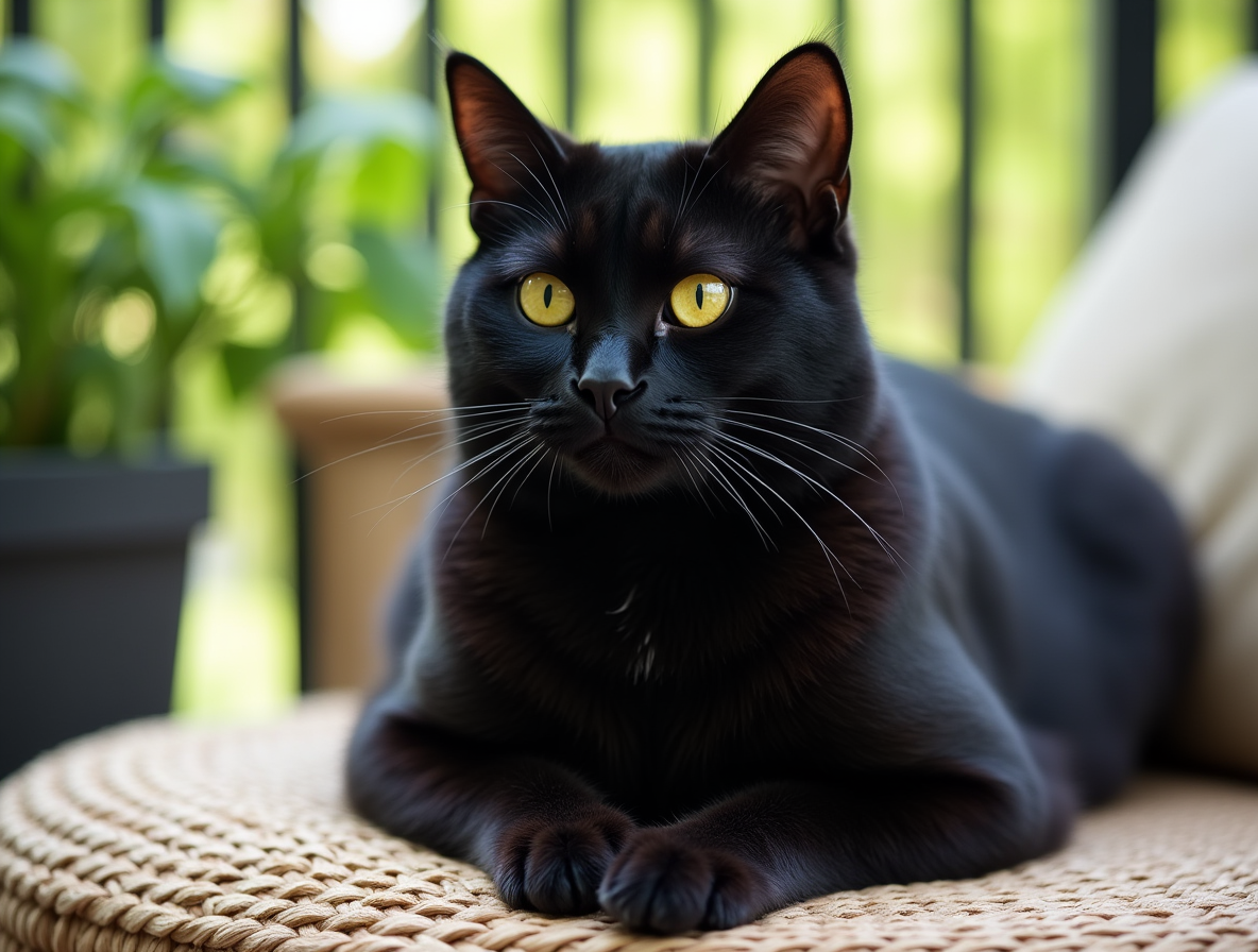 Gato negro: colores del British Shorthair en Topcats Gato British Shorthair negro con ojos amarillos brillantes descansando en una terraza, representando los colores del British Shorthair en Topcats