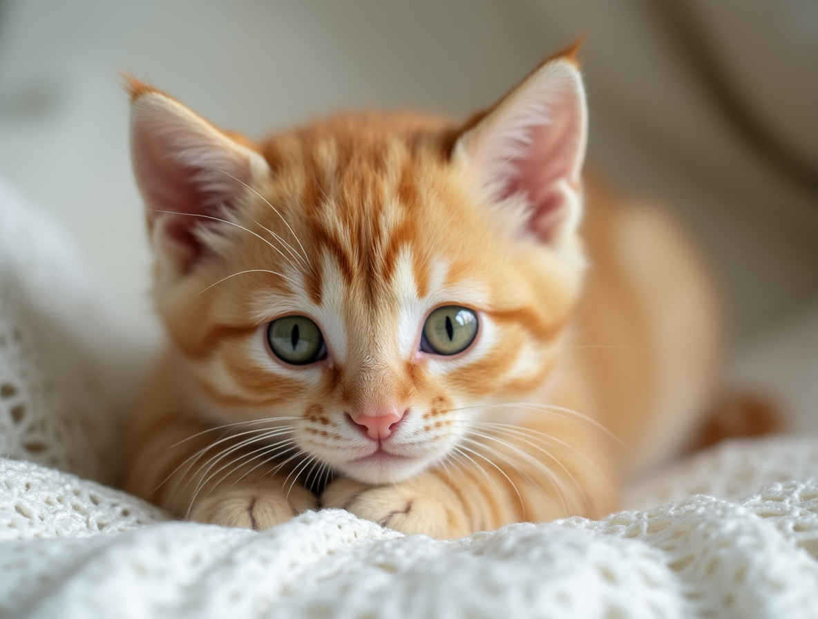 Gato naranja diluido: colores del British Shorthair en Topcats Gato British Shorthair naranja diluido con ojos verdes grandes y un pelaje brillante, representando los colores del British Shorthair en Topcats