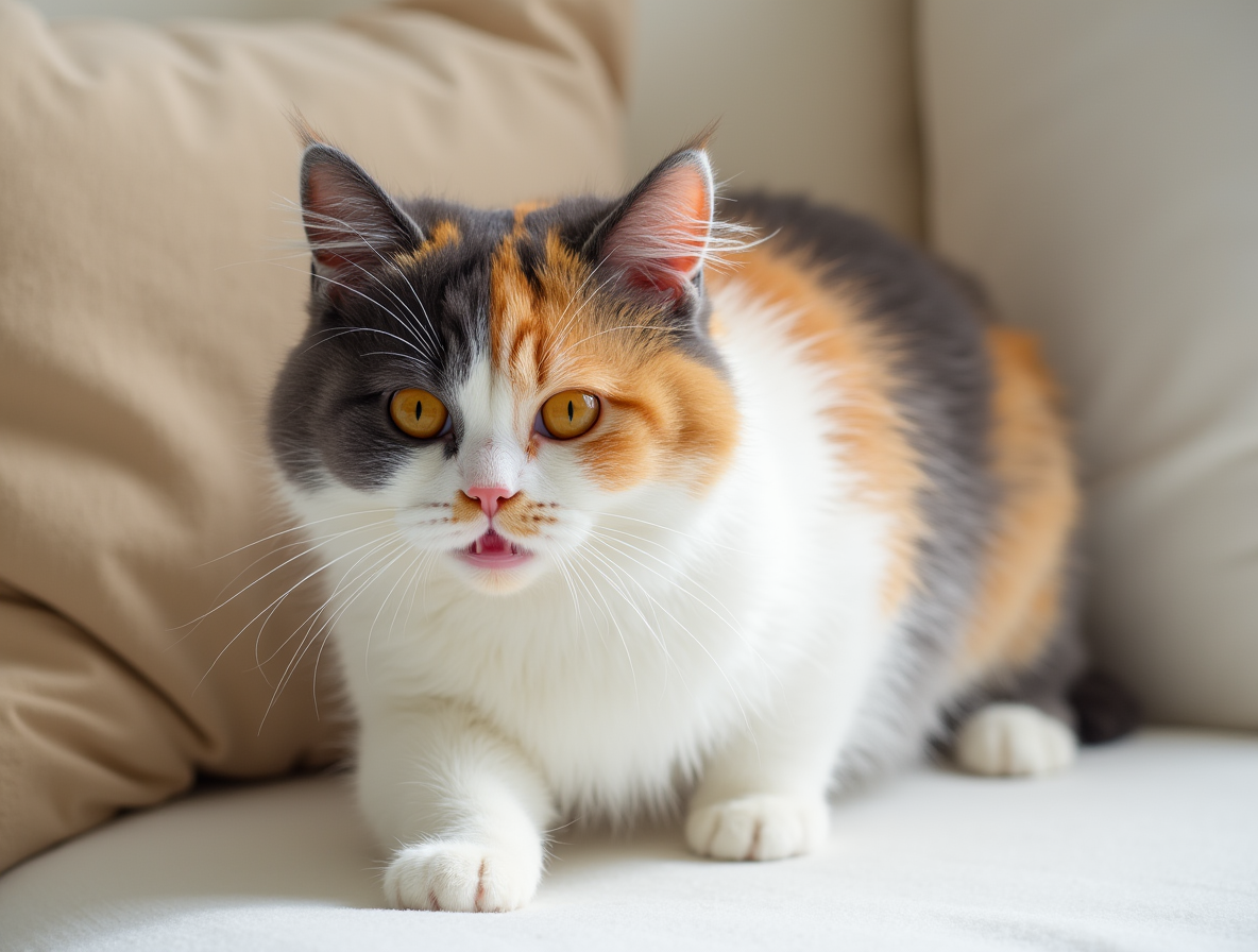 Gato tricolor: colores del British Shorthair en Topcats Gato British Shorthair tricolor jugando, con un pelaje de tonos blanco, negro y naranja, representando los colores del British Shorthair en Topcats