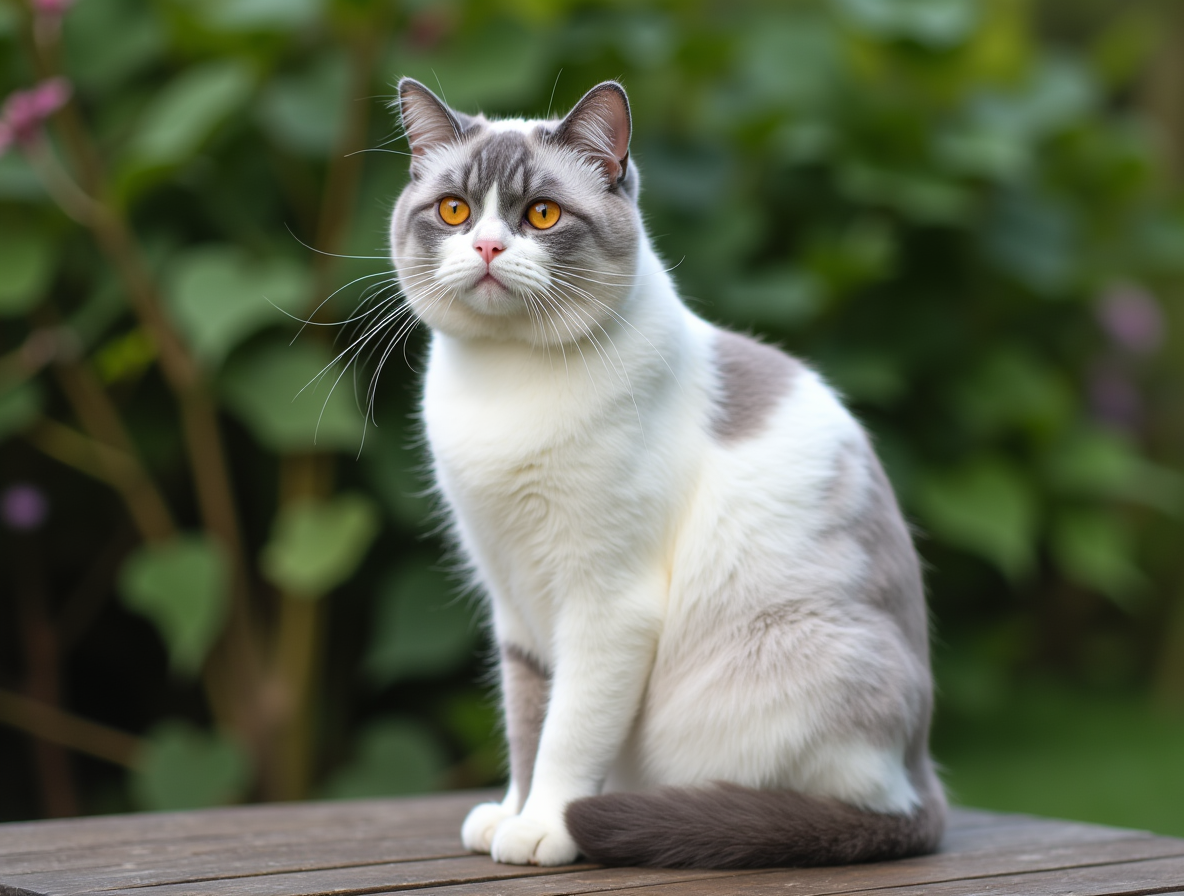 Gato blanco y gris: colores del British Shorthair en Topcats Gato British Shorthair blanco y gris con ojos anaranjados sentado en un jardín, mostrando los colores del British Shorthair en Topcats