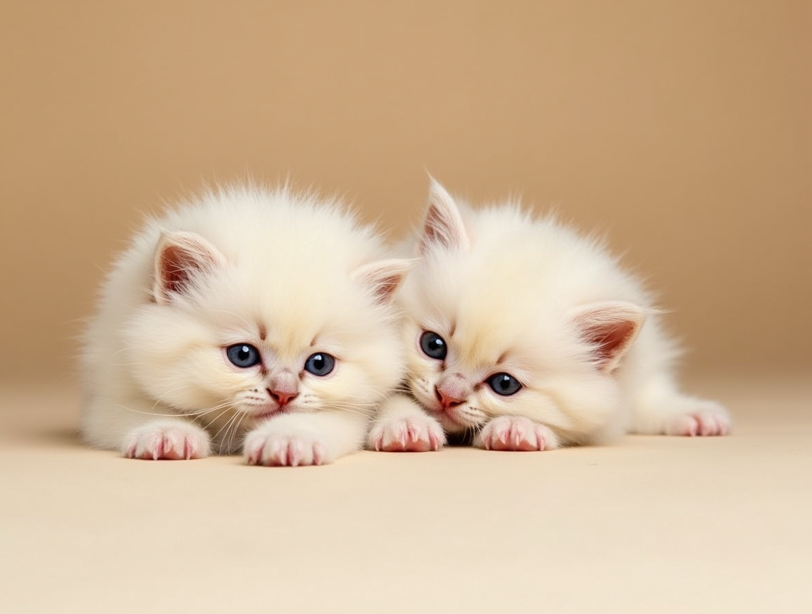 Gatito beige: colores del British Shorthair en Topcats Adorable gatito British Shorthair beige con ojos azules relajado sobre un fondo suave, representando los colores del British Shorthair en Topcats.