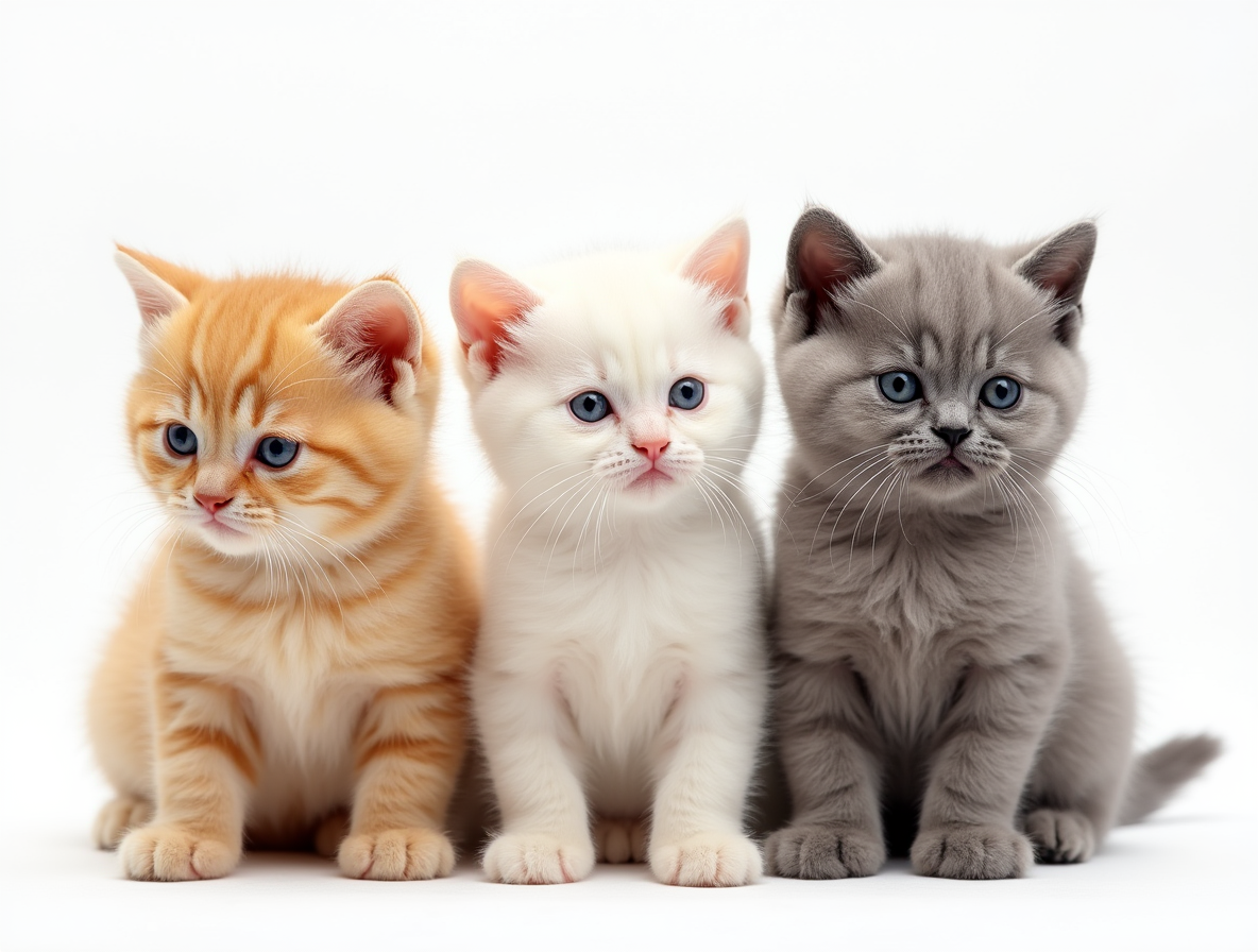 Gatitos British Shorthair en Topcats: Diversidad y Encanto Tres adorables cachorros de British Shorthair en distintos colores – naranja, crema y gris – posan juntos con expresiones dulces y curiosas. Su pelaje denso y esponjoso resalta su juventud, mientras sus ojos grandes y redondos reflejan inocencia.