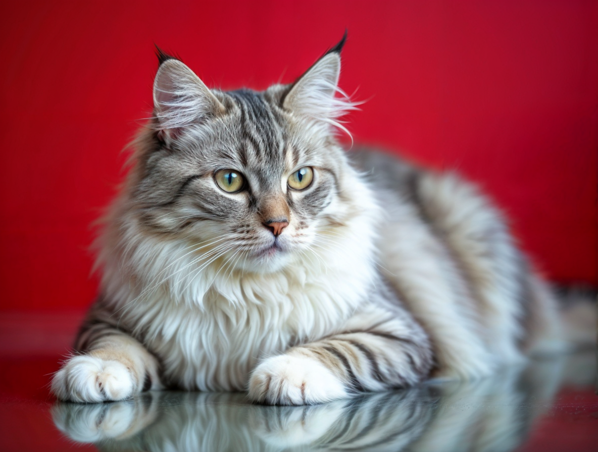 British Longhair plateado en Topcats: elegancia felina con un manto hipnótico Gato British Longhair de color plateado con rayas oscuras, tumbado sobre una superficie de cristal con un fondo rojo.